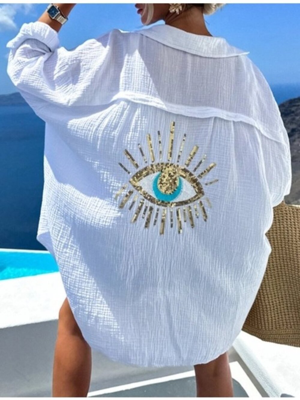 Linen Button Down Eye Embroidery Graphic White Cotton resort beachy MEIDUM